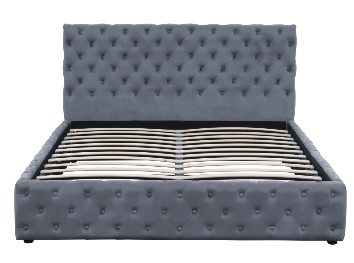 Light Grey Velvet Gas Lift Storage Bed King Size Upholstered Tufted Bottons