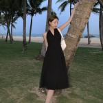 Retro V Neck Sleeveless Halter Black A Line Midi Dress