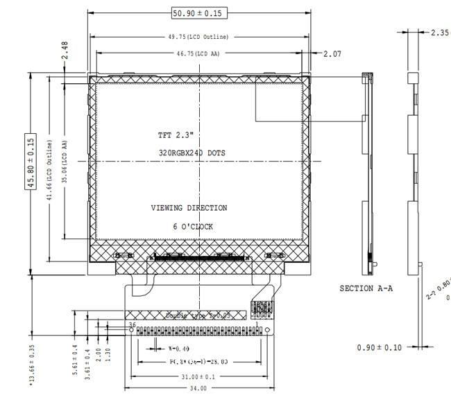 2.3" ILI9342C Industrial TFT Display 320x240 MCU Interface 36 Pins 3.2V 12 o'clock