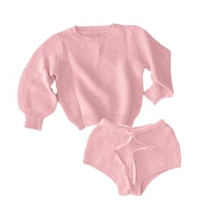 China Relaxed Fit 2 PCS Knit Wear Puff Sleeves Sweater Drawstring Knit Shorts 100% Cotton Kids Wear wholesale