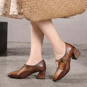 China S166 2020 autumn and winter square toe thick heel handmade original leather high heels literary forest women