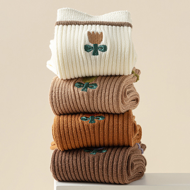 Solid Color Stripe Breathable Cotton Socks Flower Embroidery Crew Women Socks