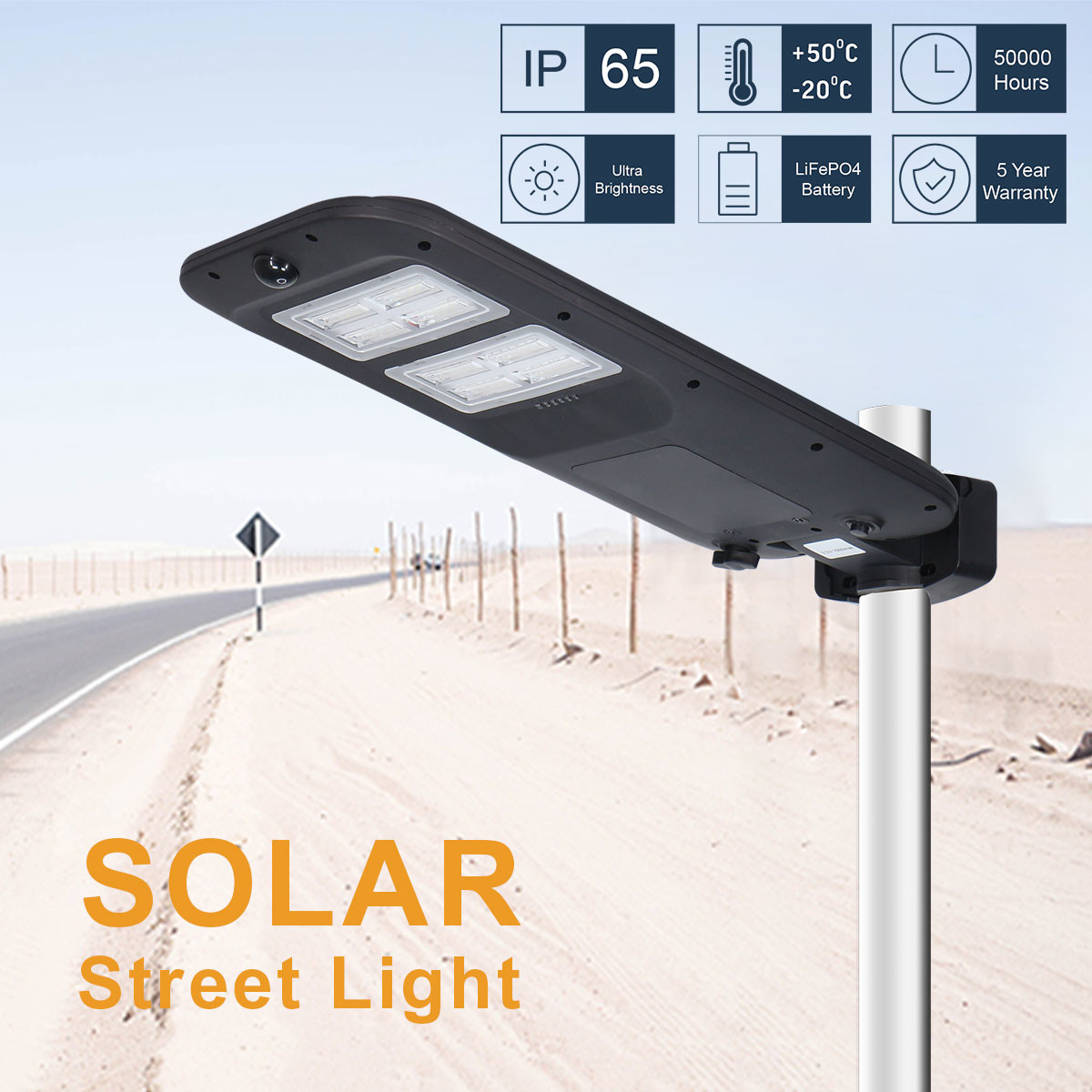 Smart Integrated Solar Street Light 100W Slim ABS Body Radar Sensor 30° Beam Angle