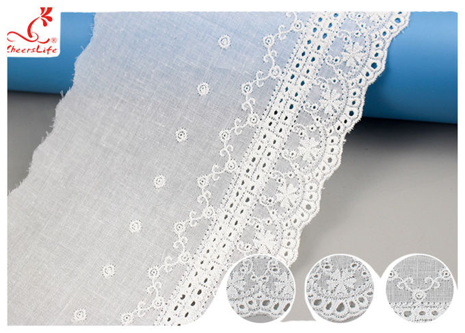 White Cotton Lace Fabric / Eyelet Lace Trim Ribbon With Floral Lace Scalloped Edge DTM Color Dyeing