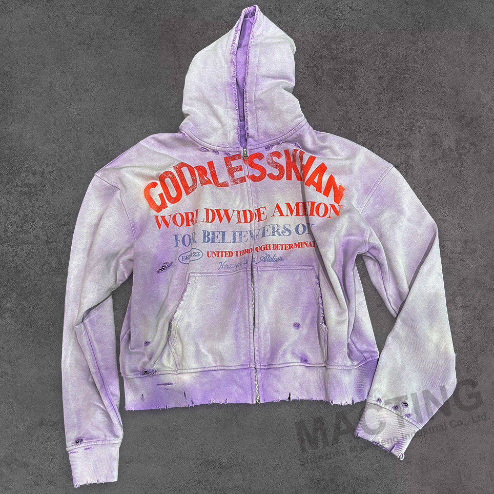 S-6XL Custom Size Distressed Hoodie 100% Cotton French Terry Sun Faded Acid Wash