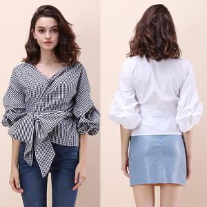 China Fall Clothing Blouse Ladies Gingham Tops Women Wrap Top wholesale