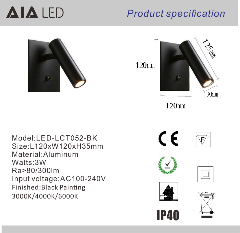 Simple recessed mounted knob switch 3W led wall lamp bed wall reading light for bedroom decoration