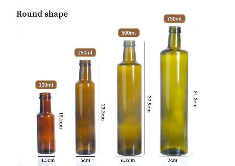 Green Color Clear Glass Square Round Olive Oil Bottles 125 Ml 250 Ml 500 Ml 750 Ml 1000 Ml
