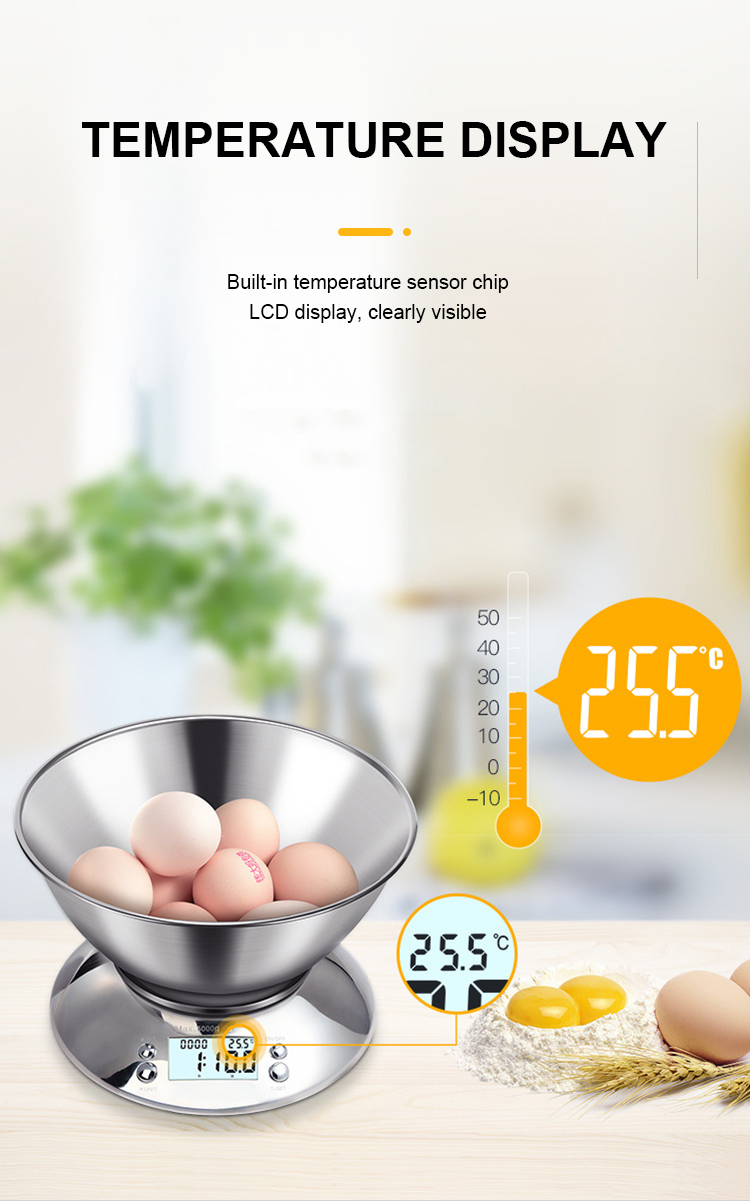 Stainless Steel Digital Kitchen Scale 5 kg Removable Bowl and Battery Powered Digital Household Scale