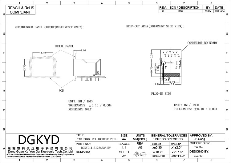 DGKYD111B178AB2A1DP RJ45 Connector Crystal Head Network 100M With Light Poe