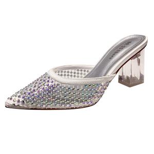 China 3111-2 Korean Fashion Pointed Shallow High Heeled Shoes Net Red Diamond Sandals Thick Heel Gauze Show Thin Back Empty Wo wholesale