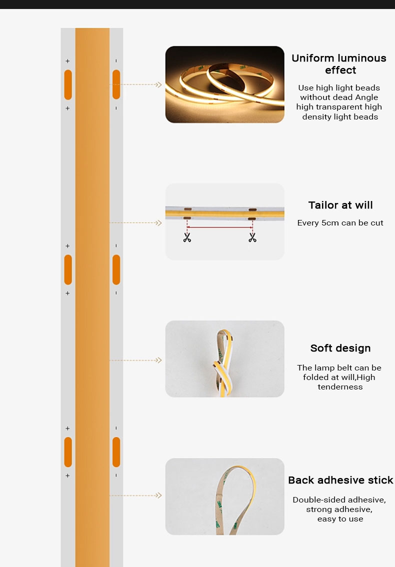 Electroplate COB 24v COB 320Ds 8mm Ra 85 Golden Yellow Light Strip for Home Lighting