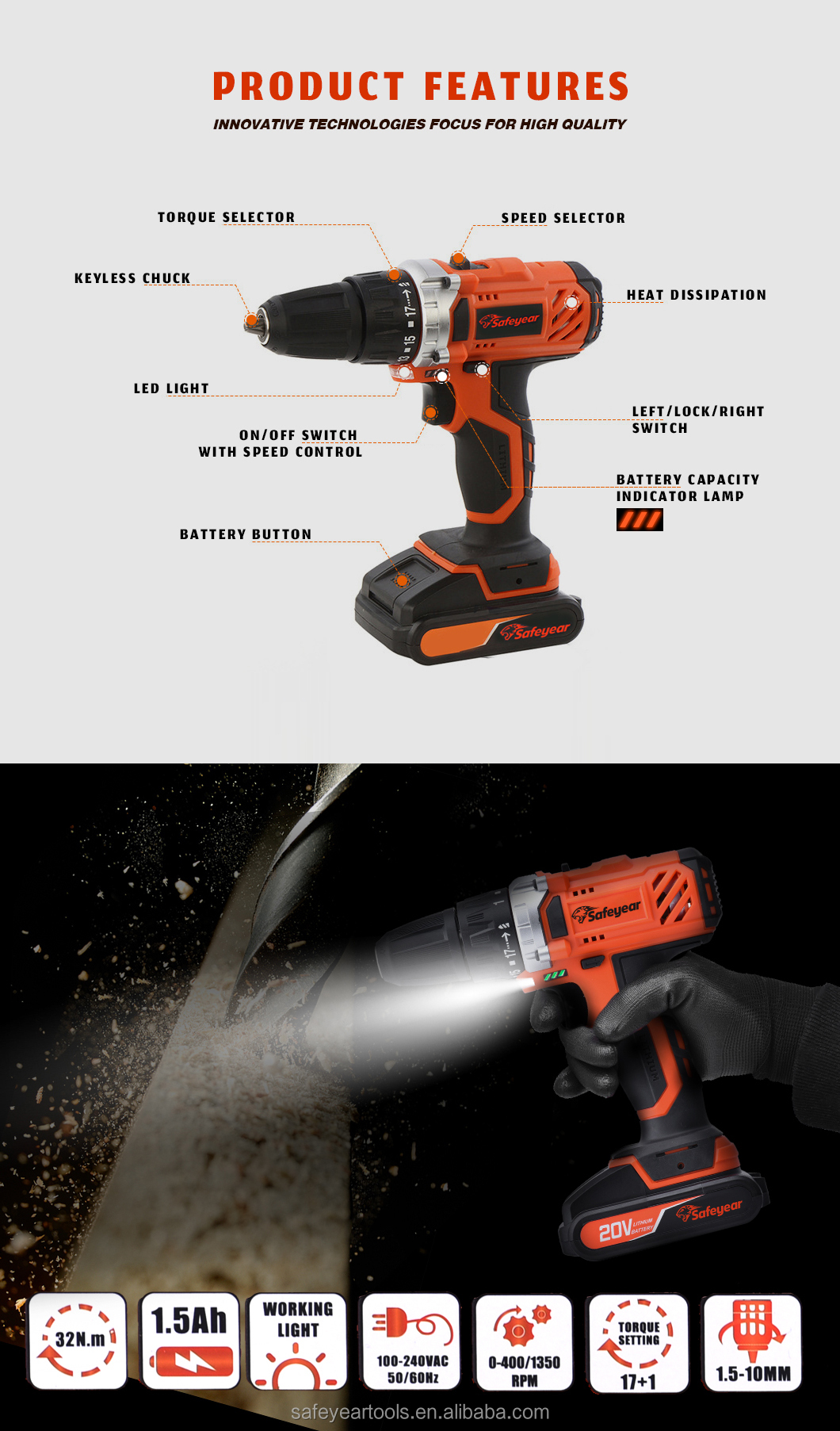 High Torque 20V 3000RPM Electric Wrench Tool Cordless 1/2" Brushless Impact Wrench