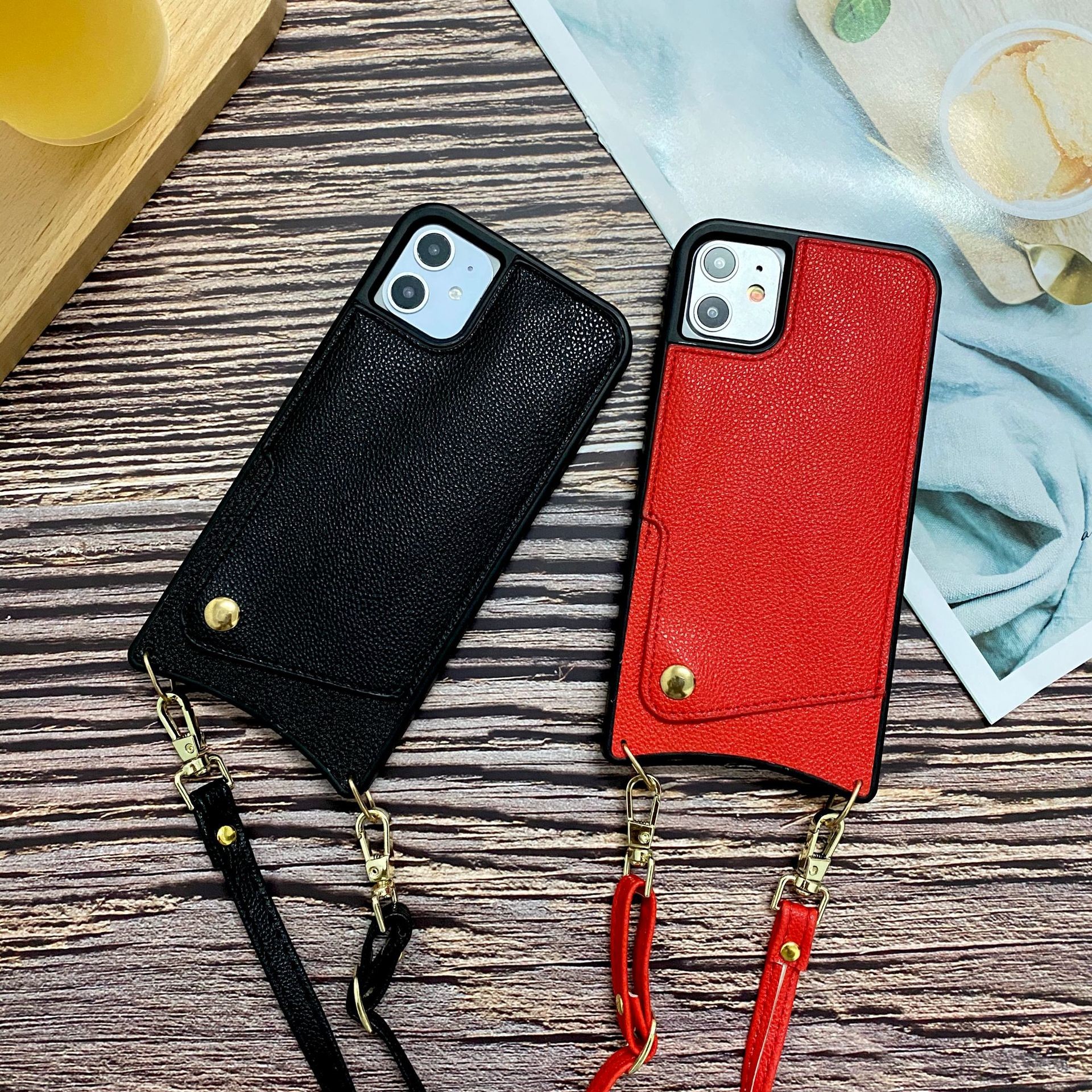 Vintage Card Pocket Phone Case Adjustable Lanyard Case Shockproof for Iphone