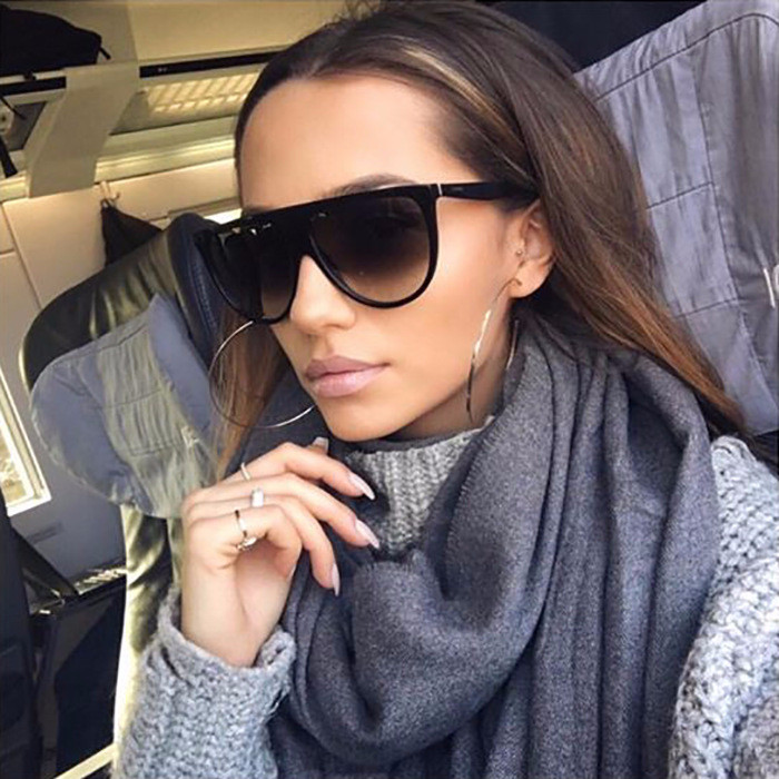 Vintage Retro BSCI Flat Top Sunglasses Thin Shadow Luxury Designer Large Black Shades