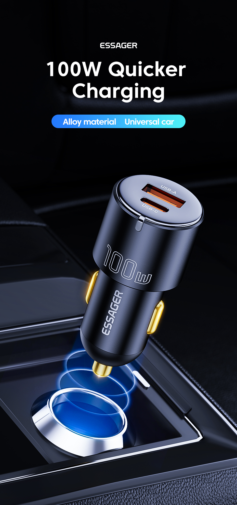 Type C USB A Car Chargers Black 60W 66W Essager 2022 City F699 F689 F688 F698
