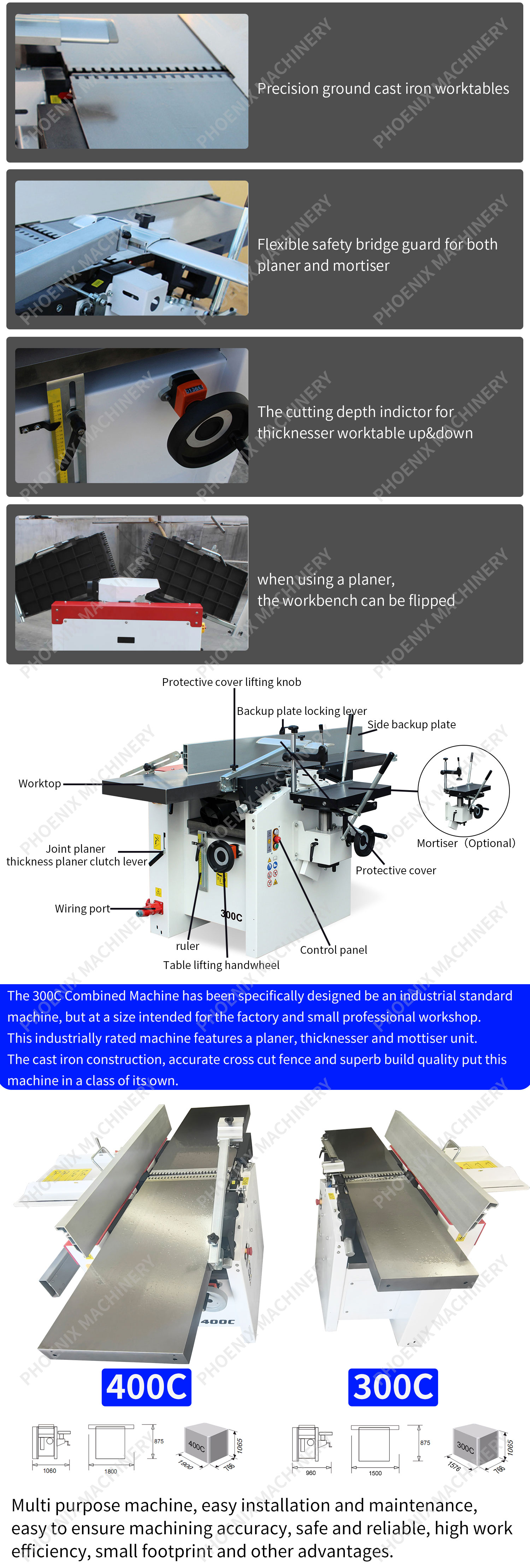 3kW Multi-functional Woodworking Machine for Furniture Making Planer Thickness Motiser