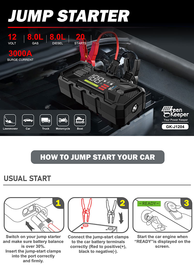 24v 3000A Battery Booster Pack Battery Jump Starter With LED Light Small Cars Savior