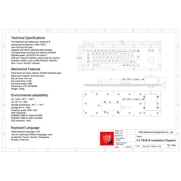 Best price Multiple languages IP65 Stainless Steel Keyboard with Trackball Ourdoor using English/French/German/Italian/Turkish/Spanish/Portuguese