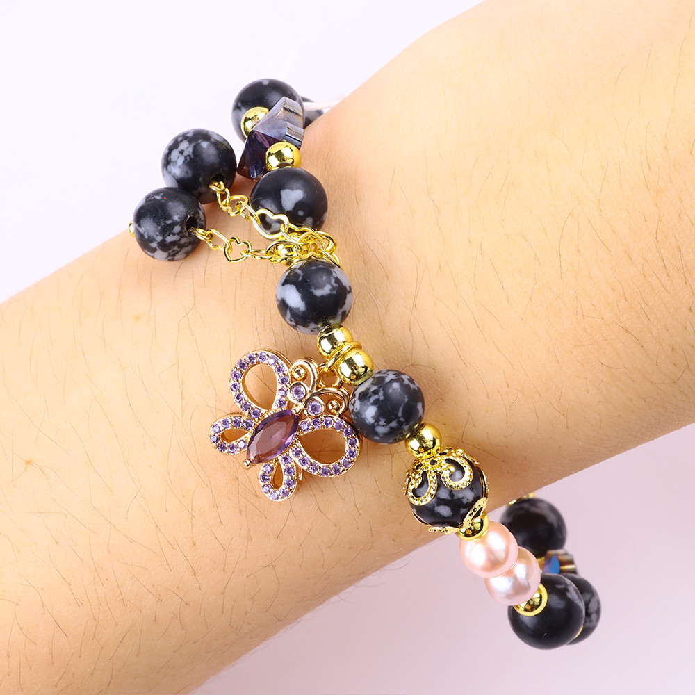 8MM Healing Natural Stone Snowflake Obsidian With Purple Butterfly Charm Bead Bracelet