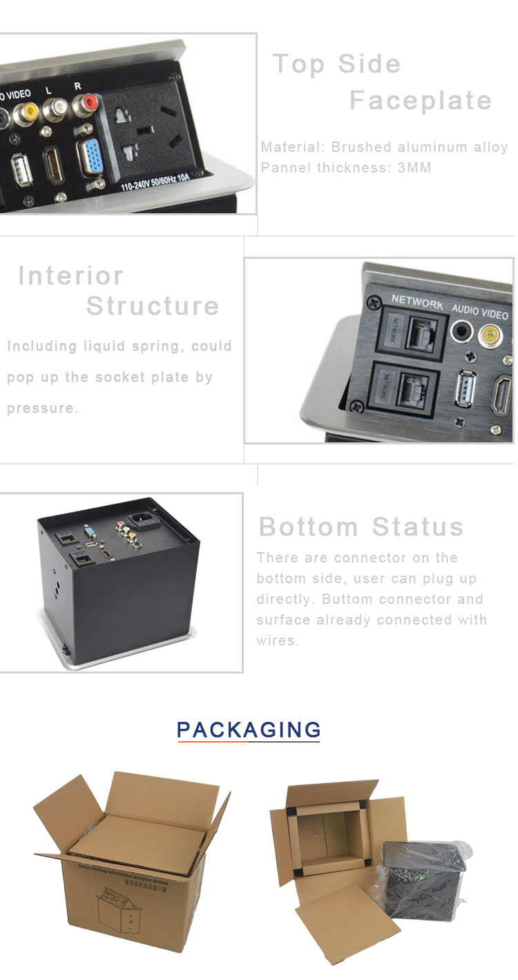 Conference Table Pop-up Desktop Power Socket Box with Bottom Connection Panel
