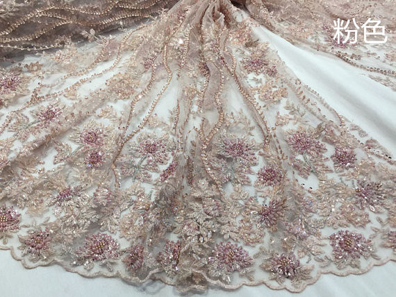 Beautiful Silver Embroidered Heavy Beaded Lace Fabric , Beaded Net Fabric 130cm Width