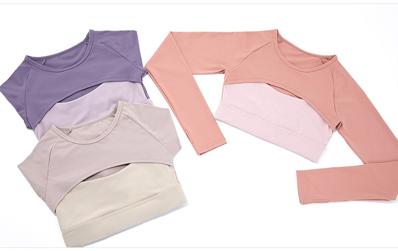 Two Piece Ladies Yoga Tops Long Sleeve Hollow Out Running Crop Top With Bra