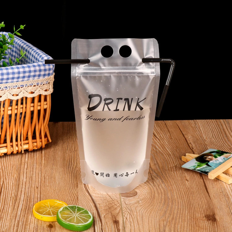 Custom clear transparent reusable and disposable plastic stand up drinking fruit juice packing pouch bag with straw