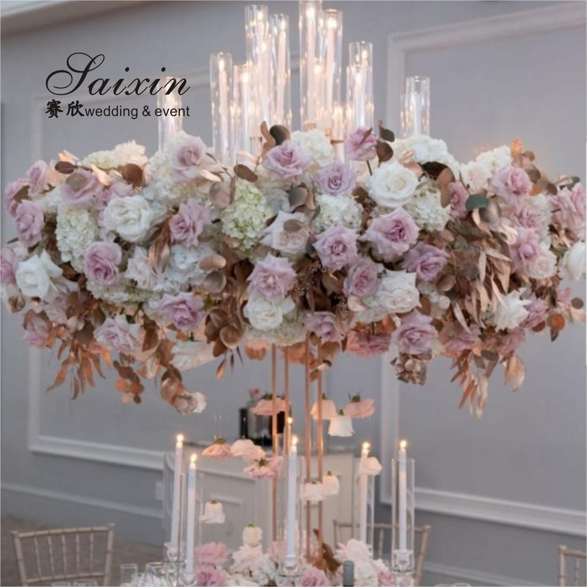 Modern Wedding Flower Stand Crystal Floral Pillar Stand Table Decoration
