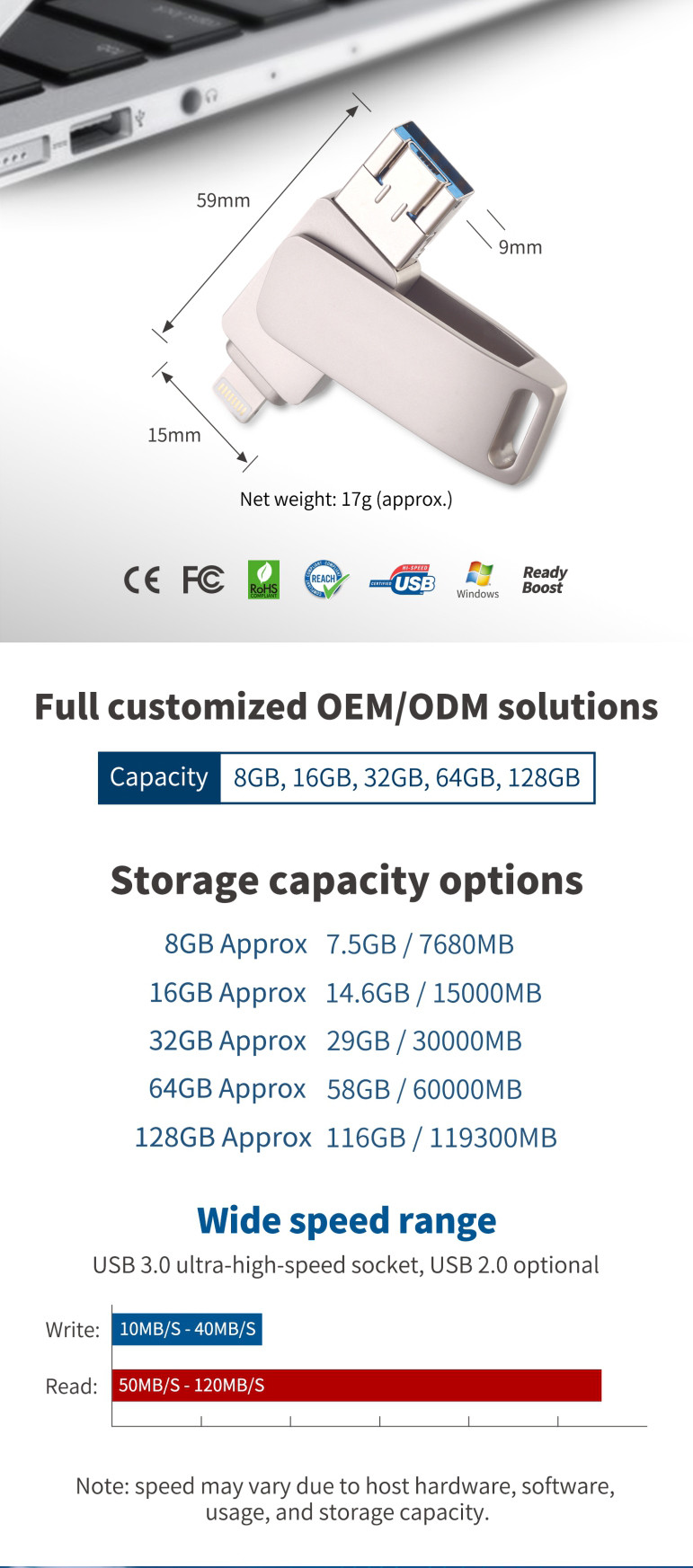 3 In 1 Otg Usb Flash Drive Metal Smart Phone 16gb 32gb 64gb 128gb 256gb