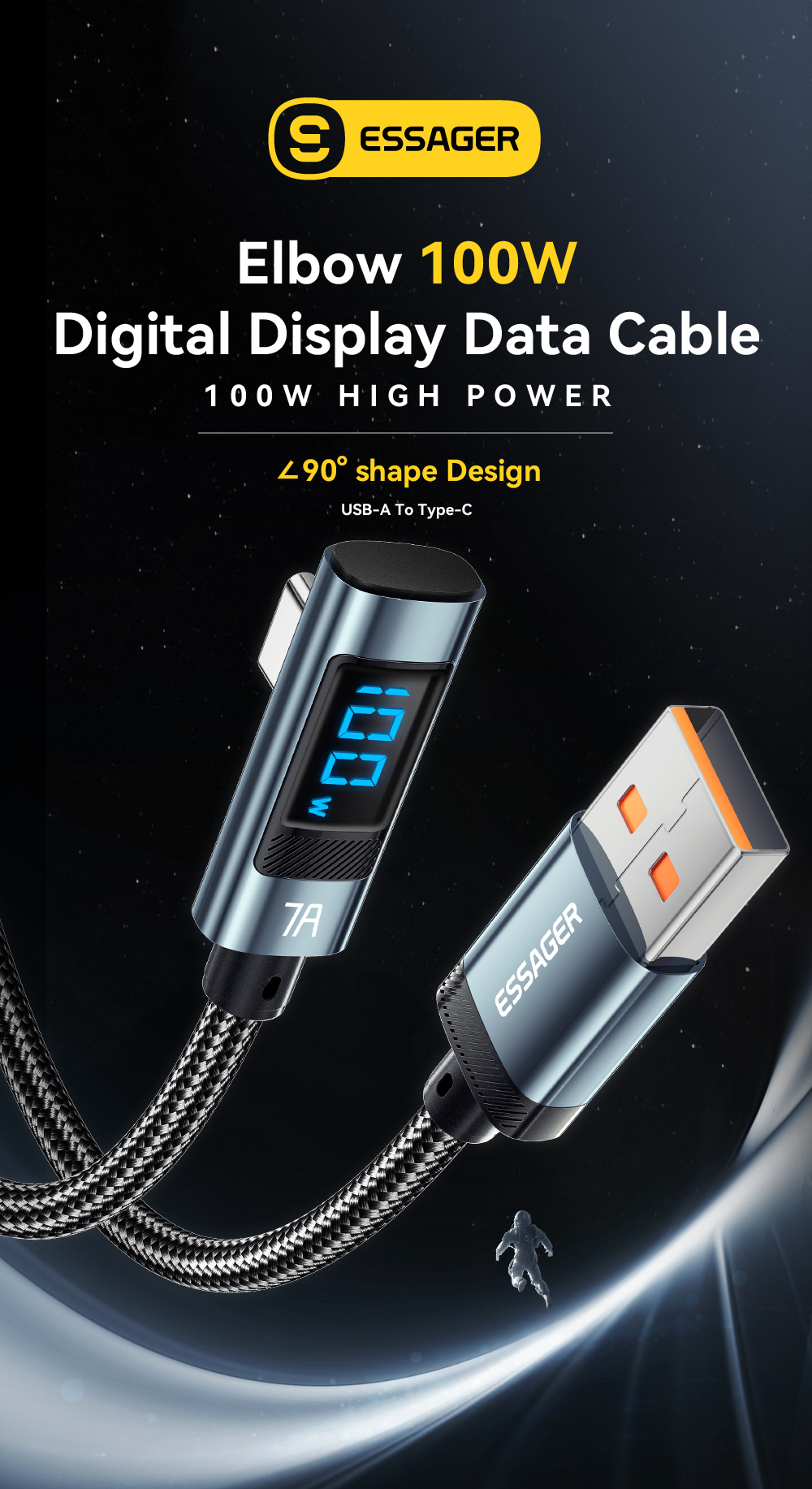 ESSAGER ES-X47 Series USB A To C Cable 1m Short 2m Long 100W