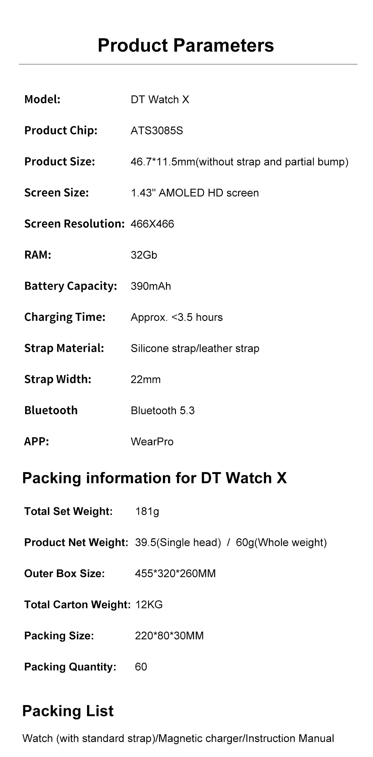 DT Watch X Men Smart Watch 1.43inch AMOLED BT Call 200+ Watch Faces Sport Fitness Smart Watch