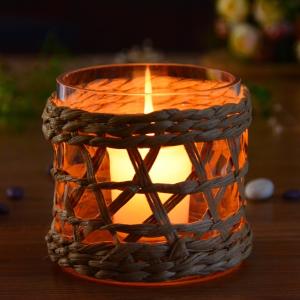 China Round Creative Glass Candle Holders With Wicker Sleeve wholesale
