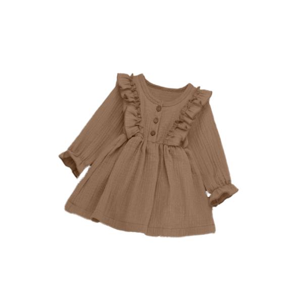 Toddler Baby Girls Muslin Cotton Fabric Long Sleeve Ruffle Trim Dresses Above