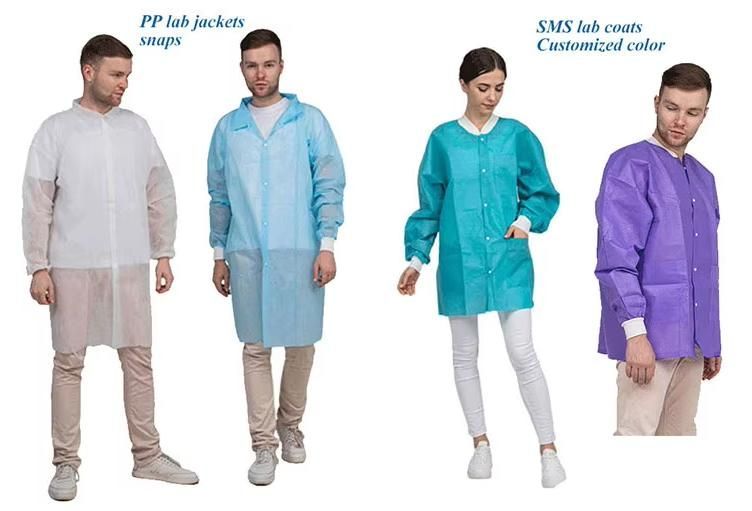 ISO CE Certificated Breathable Waterproof Nonwoven Disposable Non Eo Sterile Medical Lab Coat with Pockets Knitted Collar and Cuffs