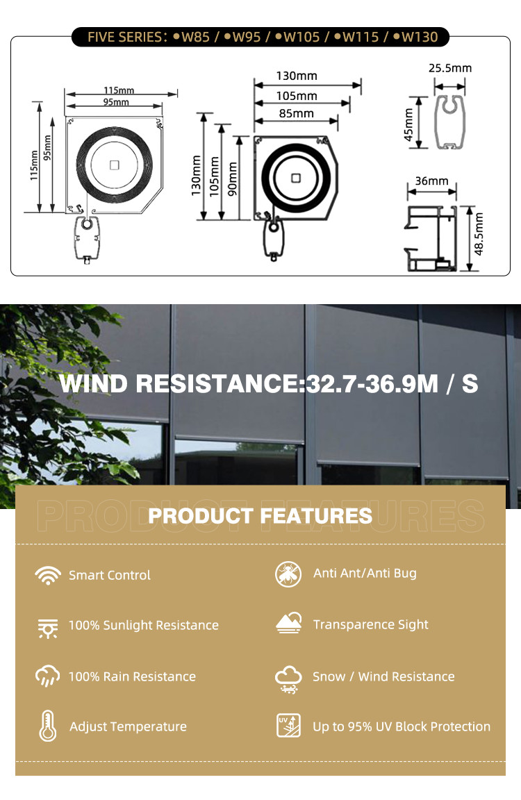 Smart Motorized Zip Track Blinds Rainproof Zip Screen Roller Blinds
