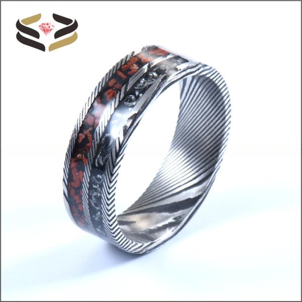 Round Flat Men Damascus Steel Wedding Bands 8mm With Meteorite And Dinosaur Bone Inlay