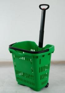 China Green Plastic Hand Shopping Rolling Basket / Durable Supermarket Basket Cart wholesale