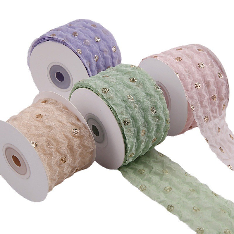 50mm Organza Ribbon With Dot Pattern Gold Foil Printed Polyester Organza Ribbon OEM Eco Friendly
