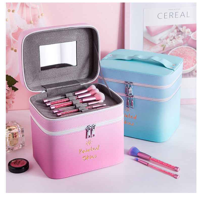 Debossed Logo PU Leather Travel Double Layers Cosmetic Makeup Bag Case
