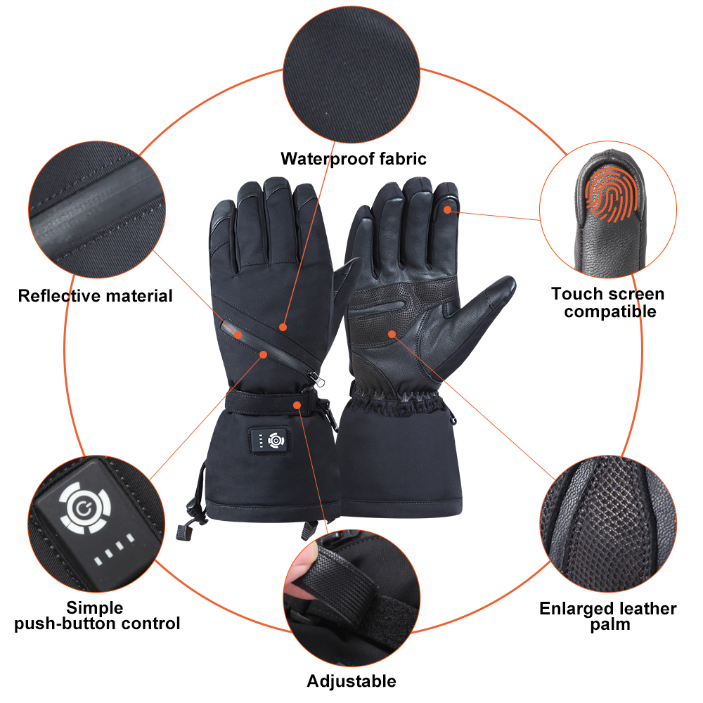 7.4V Battery Rechargeable Heated Gloves Black Winter Snow Proof