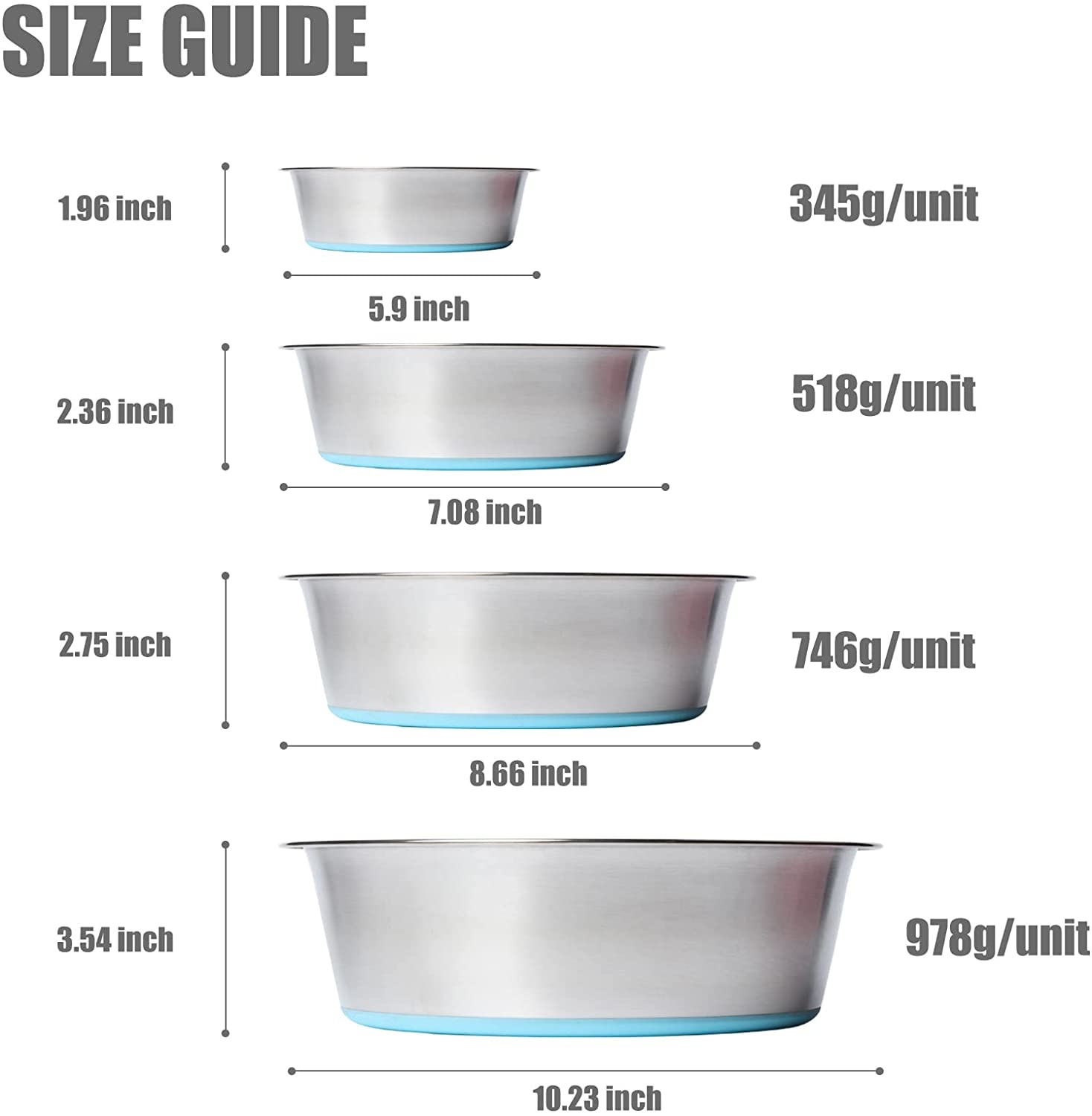 Deep Stainless Steel Anti-Slip Dog Cat Bowls with No-Spill and Non-Skid Rubber Bottom