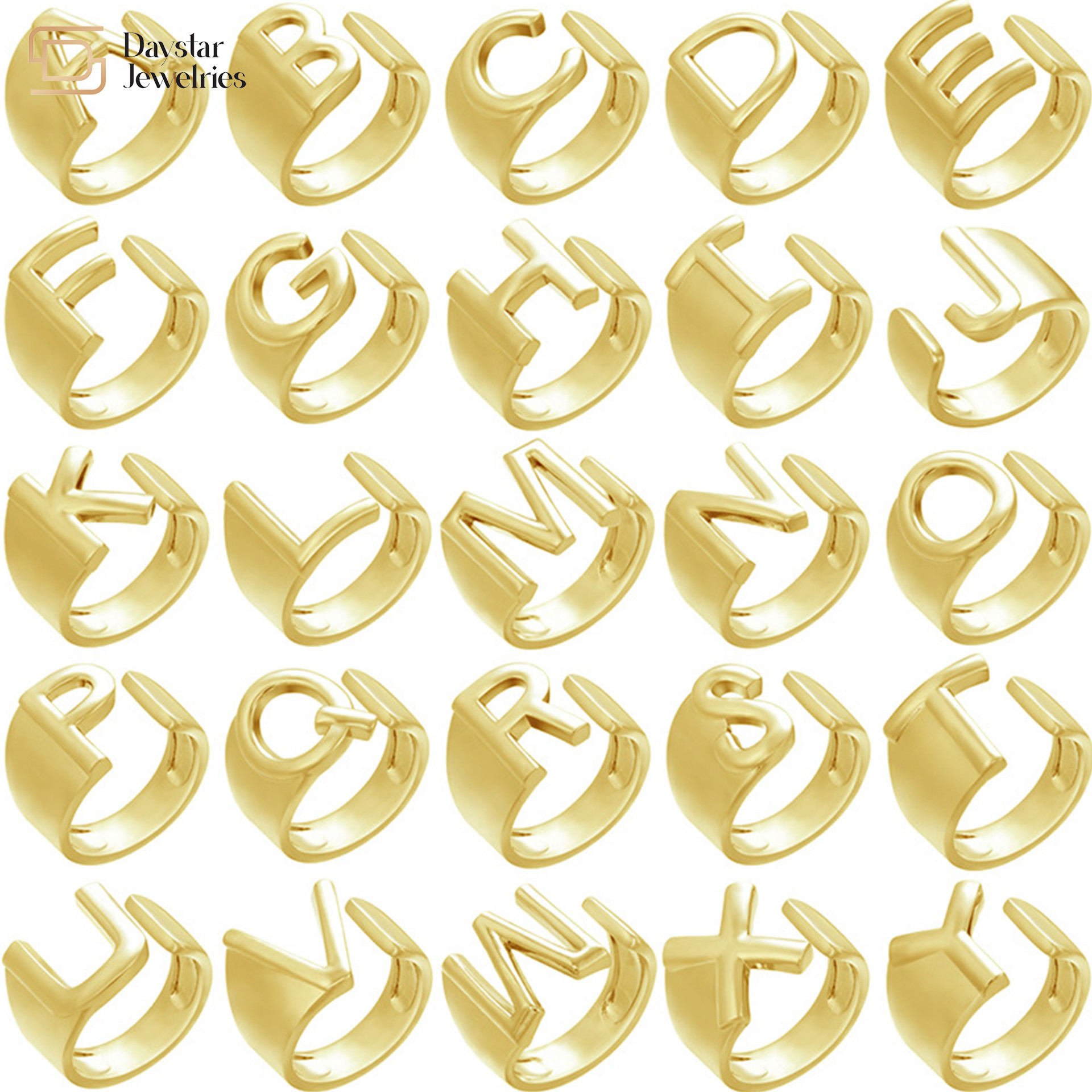 Gold Plated Adjustable Initial Letter Ring Custom Alphabet Chunky Jewelry