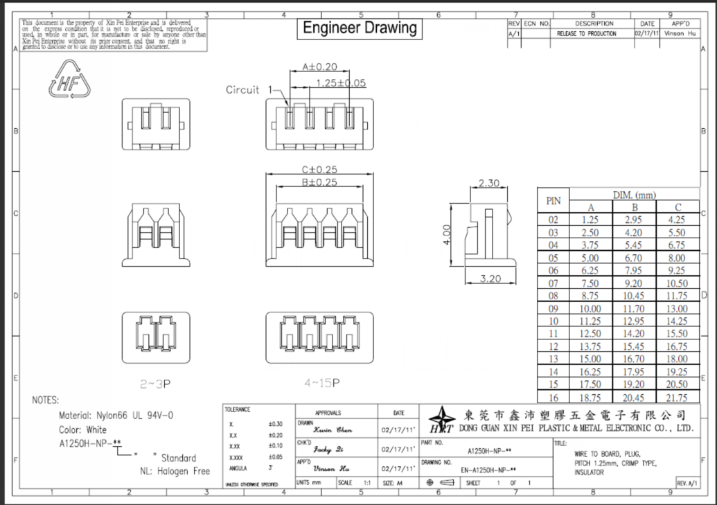 PA66 material 1.25mm pitch wire to board connector without locking structure