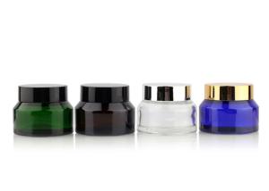 China 15g 30g 50g Tan Transparent Color Green Amber Frost Glass Container Cosmetic Jars with Aluminum Lids wholesale