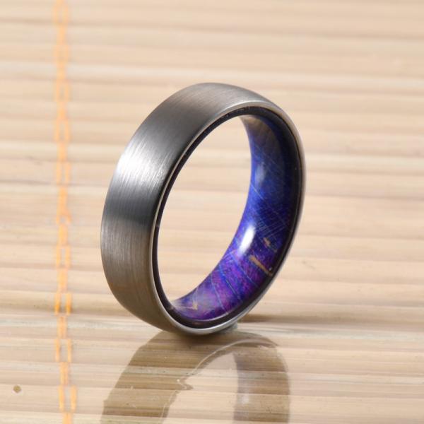 Sample Making 6mm Brushed Silver Tungsten Carbide Rings Inlay Blue Purple Box Elder Wood Flat Dome Beveled Edge Wedding Band