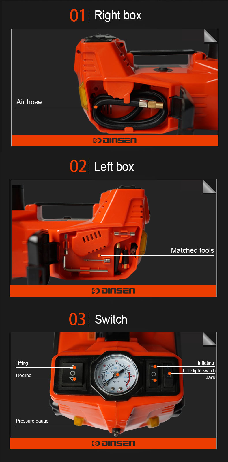 DINSEN 3 in 1 multifunctional 12v electric hydraulic jack ,inflator pump and light.