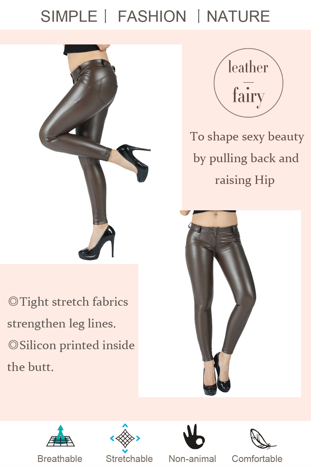 Ladies Fitness Middle Waist Push Up Leather Leggings