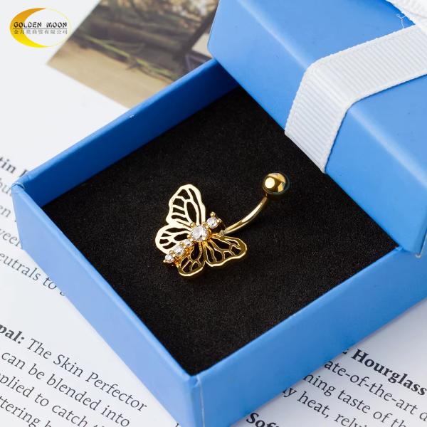 14G butterfly belly ring jewelry Custom SS Body Piercing Jewelry 14K Gold Plated