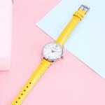 1.25 Inch Yellow Leather Strap Watch Ladies Quartz Waterproof